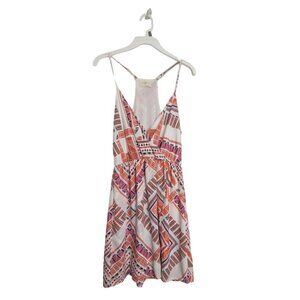 Everly Faux Wrap V-Neck Sleeveless Dress Cream Orange Aztec Print Size Medium